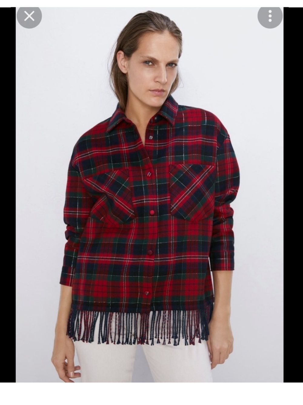 Zara Red and Navy Plaid Fringe Button‑Down Shirt